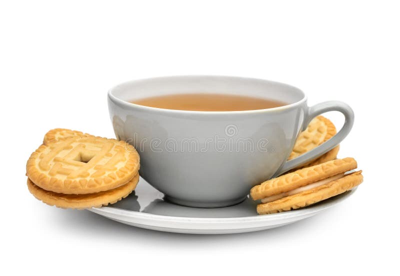 Cup of Tea with Sandwich Cookies on on Saucer. Isolated on White Stock