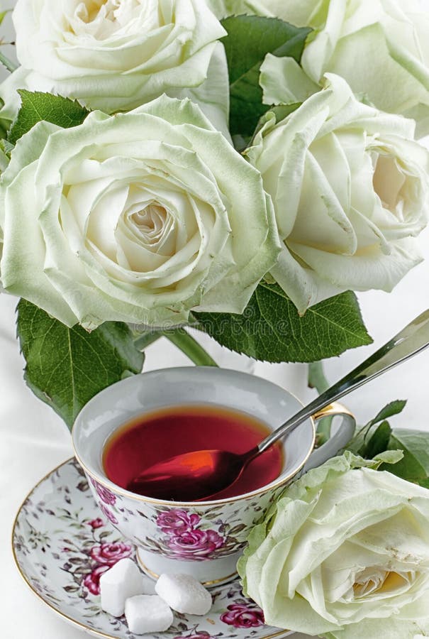 Cup of tea and white roses stock photo. Image of vertical 25108776