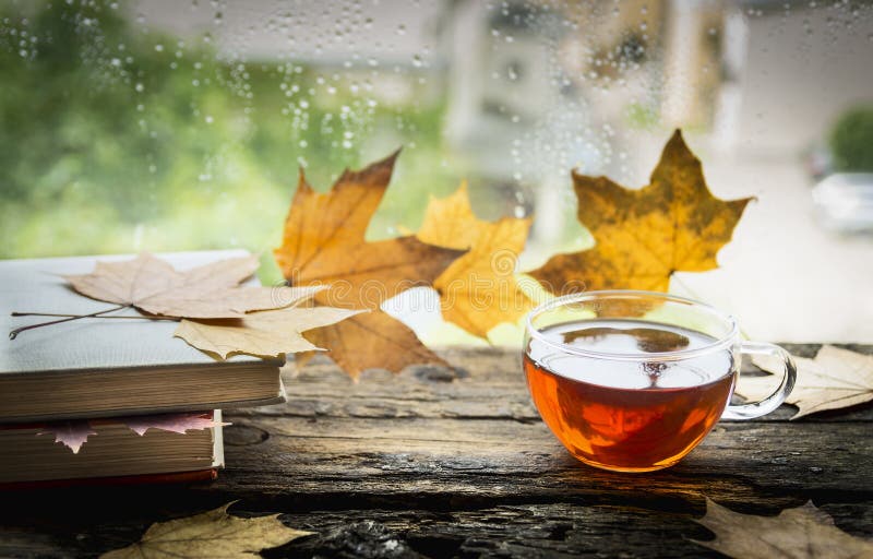 Tazza di tè in legno davanzale della finestra con i libri e le foglie di autunno su fondo naturale.