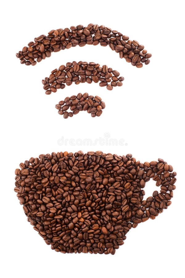 Cup with wi-fi shape made of coffee beans over white background stock image Cup with wi-fi shape made of coffee beans over white background stock image