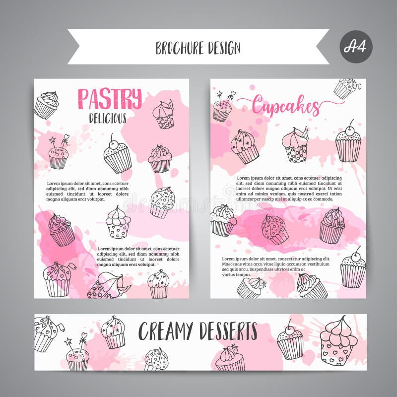 Cupcake brochure with handdrawn cupcakes and pink splashes. Delicious pastry slogan. Bakery banner confectionery Vector illustartion