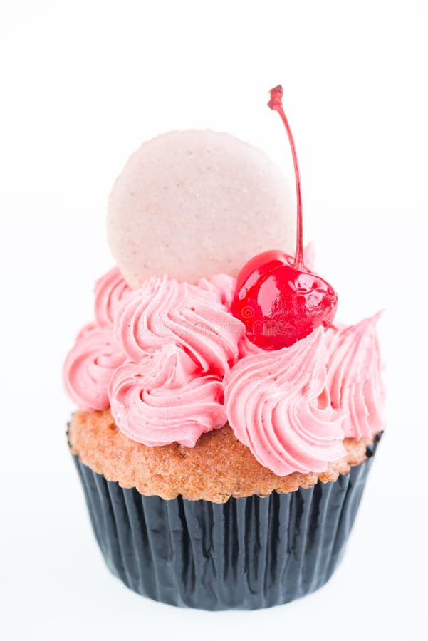 Cupcake with Cherry and Cookie Garnish Close Up Stock Image Image of