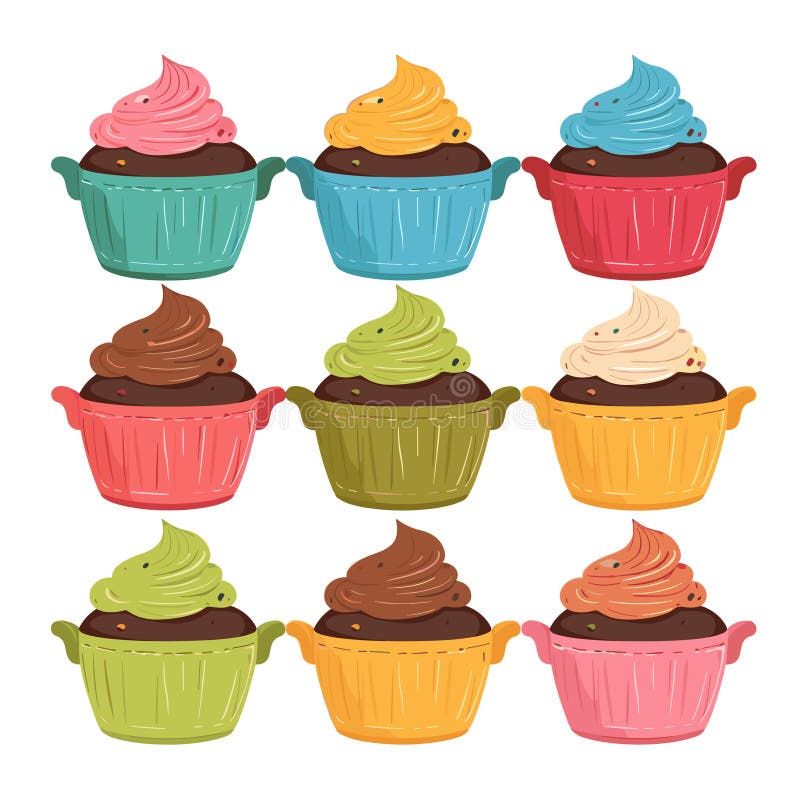 Cupcake colorati assortiti glassa vari sapori riprodotti nelle righe visualizzate. pasticceria royalty illustrazione gratis