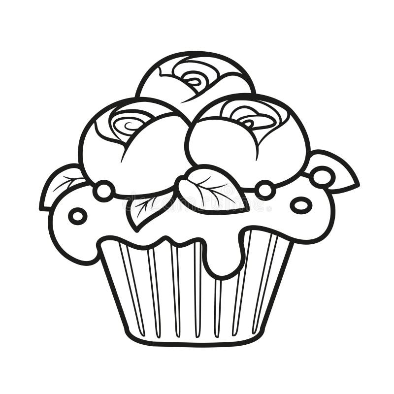Cupcake di biscotti con panna montata e fiori di crema tracciati sulla pagina colorata di un bianco royalty illustrazione gratis