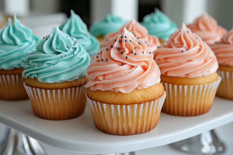 Cupcake di pastello deliziosi con sprinkles su un banco per dolci bianco illustrazione vettoriale
