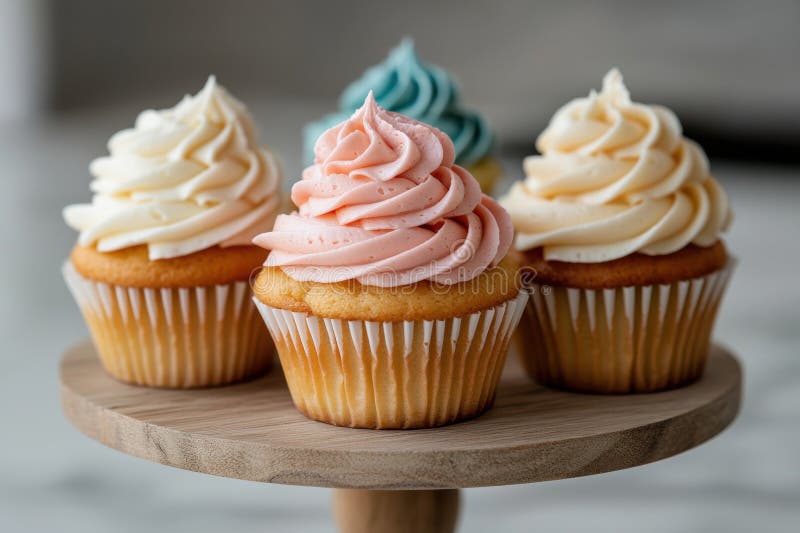 Cupcake di pastello deliziosi su un banco per torte di legno illustrazione di stock