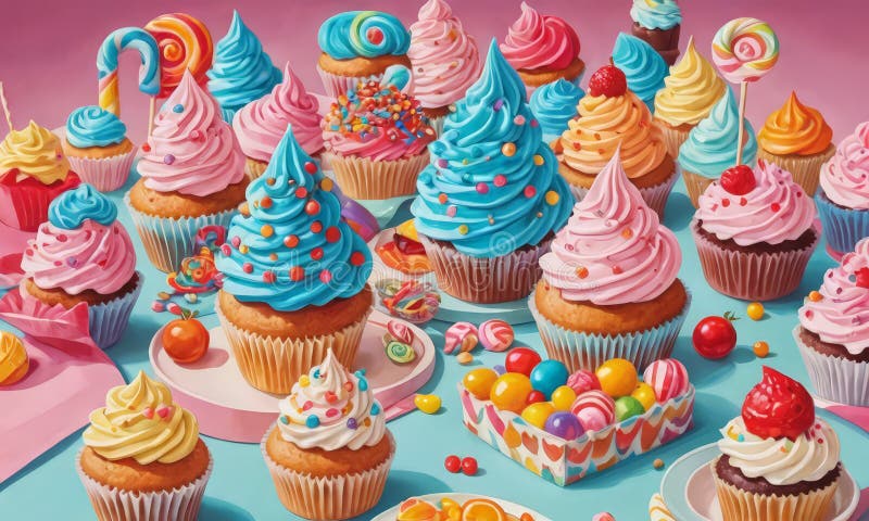 Cupcake e caramelle colorate, compresi i tartarughe e gli orsetti gommosi, sono disposti royalty illustrazione gratis