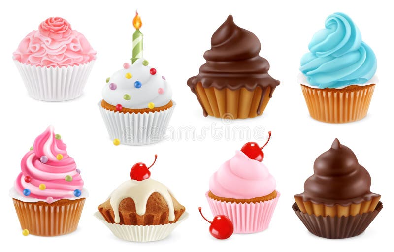 Cupcake, fairy cake. 3d vector icon set royalty free illustration