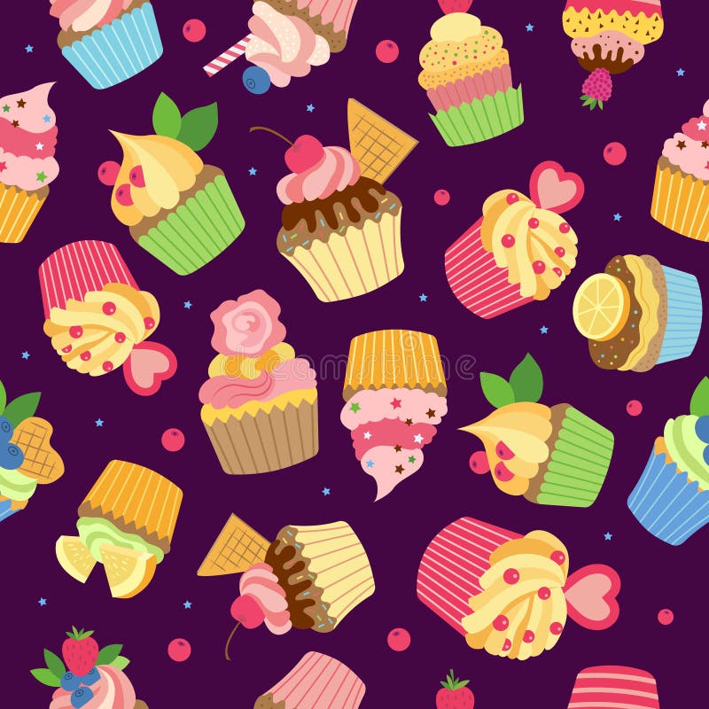 Cupcake pattern. Gourmet sweet baked products with syrup chocolate cream and fruits vector colored seamless textile