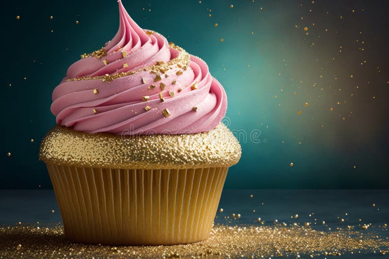 Cupcake with Pink Frosting and Gold Sprinkles. Generative AI Stock