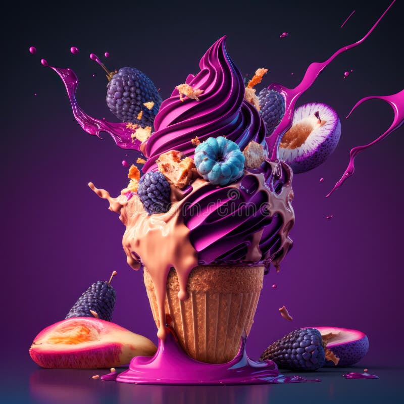 Cupcake with Purple Icing, Fruit, and a Splash of Chocolate. Generative