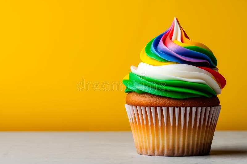 A Cupcake with a Rainbow Colored Frosting on Top of it Stock Photo