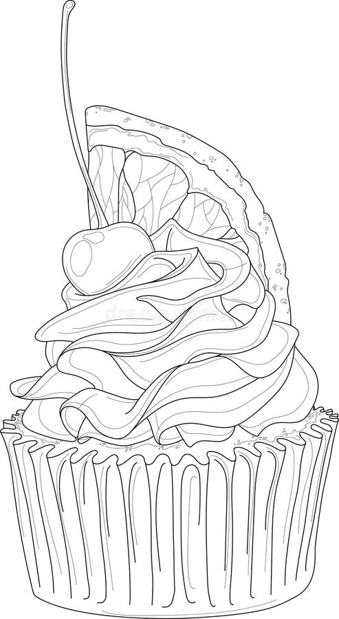 Página Para Colorir Cupcake. Bolo Doce Com Creme. Sobremesa Festiva. Padrão  Floral. Desenho De Linha Vetorial Desenhado À Mão. Livro De Colorir Para  Crianças E Adultos. Esboço Preto E Branco. Royalty Free