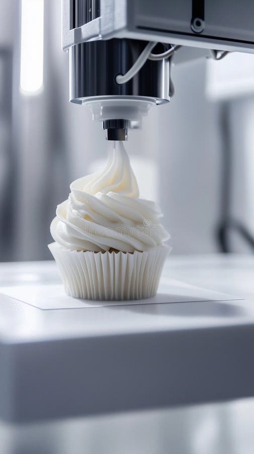 Cupcake wird mit cremigem Frost von einer präzisen Roboter-Maschine in einer modernen Kücheneinrichtung dekoriert Generative AI vektor abbildung