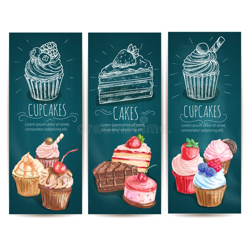 Cupcakes, cakes vertical banners. Vector chalk sketch icons of confectionery bakery sweets, pastry dessert, muffin, biscuit for patisserie, cafe leaflet, pastry shop signboard, menu. Cupcakes, cakes vertical banners. Vector chalk sketch icons of confectionery bakery sweets, pastry dessert, muffin, biscuit for patisserie, cafe leaflet, pastry shop signboard, menu