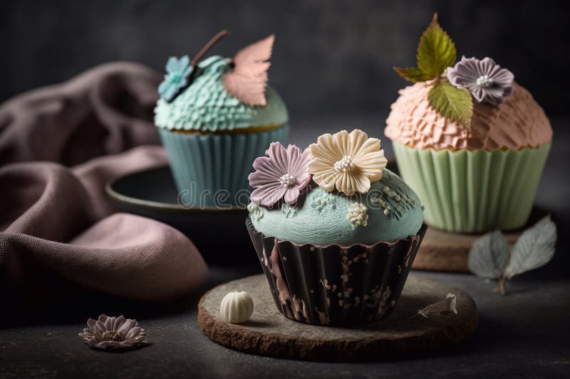 Cupcakes with Floral Decor in Pastel Colors. Generative Ai Stock