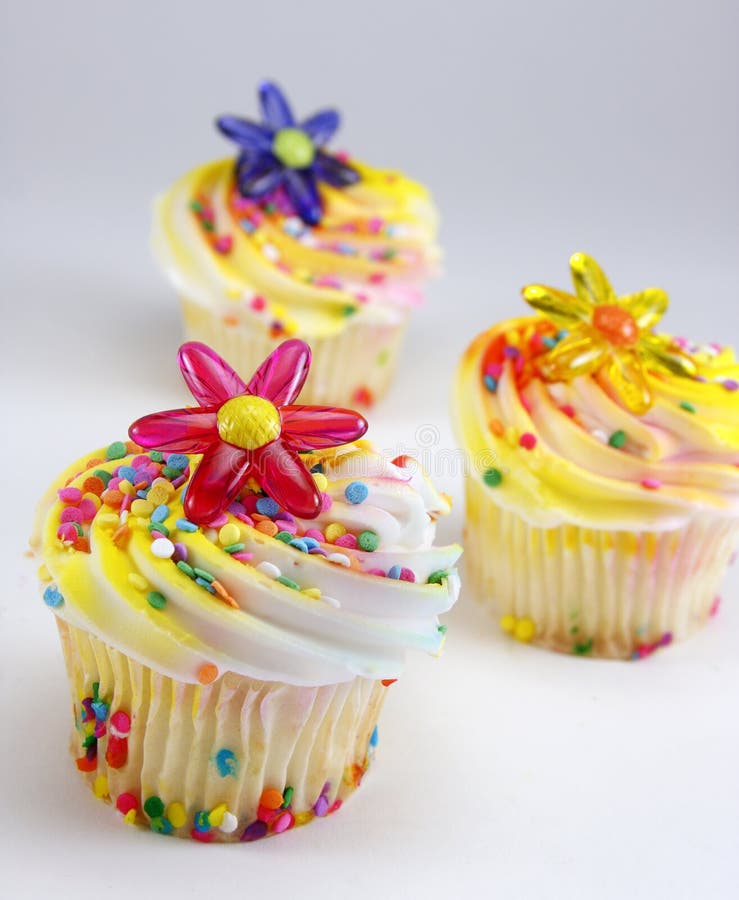 Cupcakes with Flower and Sprinkles Decorations Stock Photo Image of