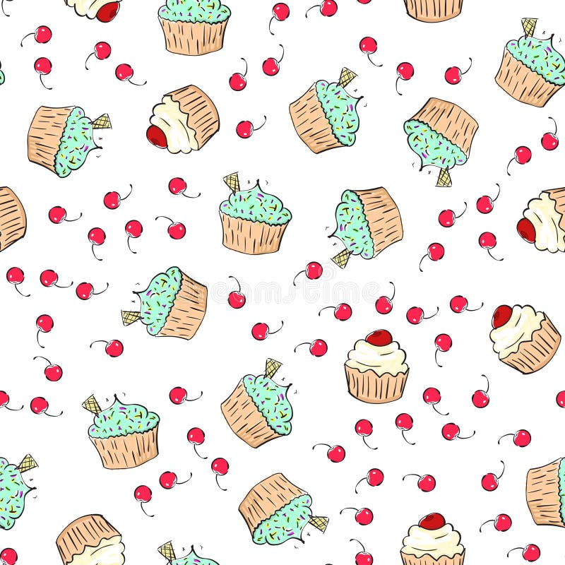 Cupcakes pattern illustration. Seamless print with pastry set. Vector bakery background.Hand draw style vector illustration Cupcakes pattern illustration. Seamless print with pastry set. Vector bakery background.Hand draw style vector illustration