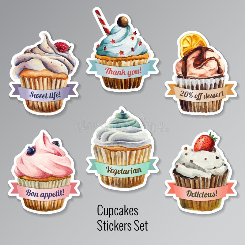 Cupcakes stickers set with different text vector illustration Cupcakes stickers set with different text vector illustration