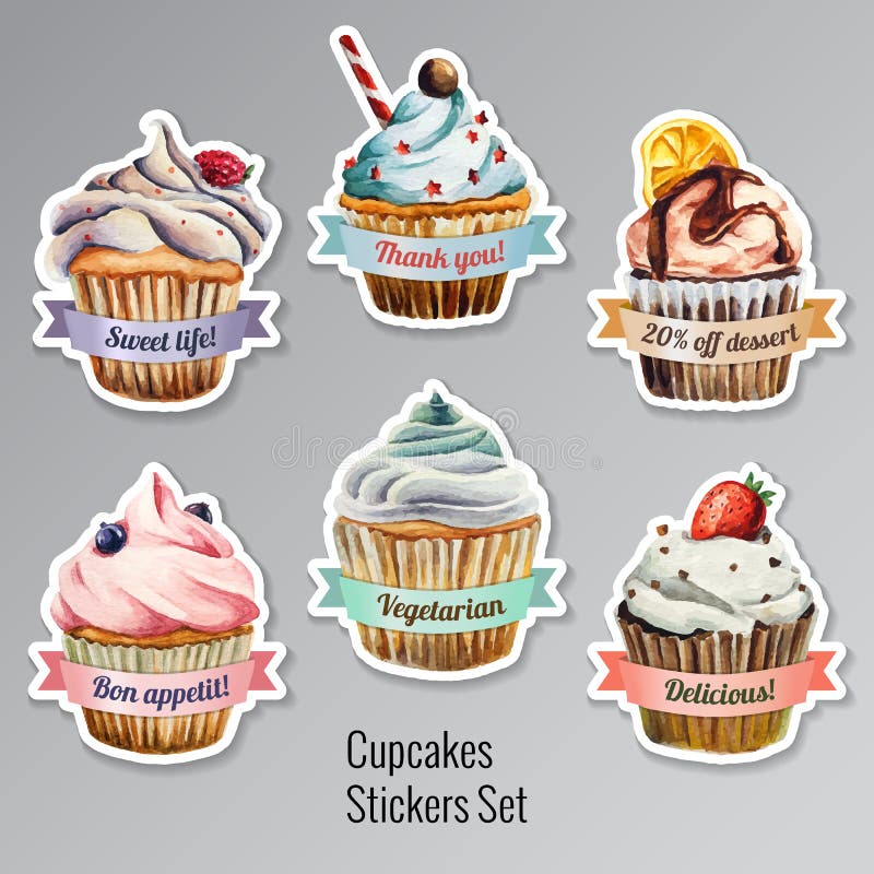 Food labels or stickers set cupcakes Royalty Free Vector