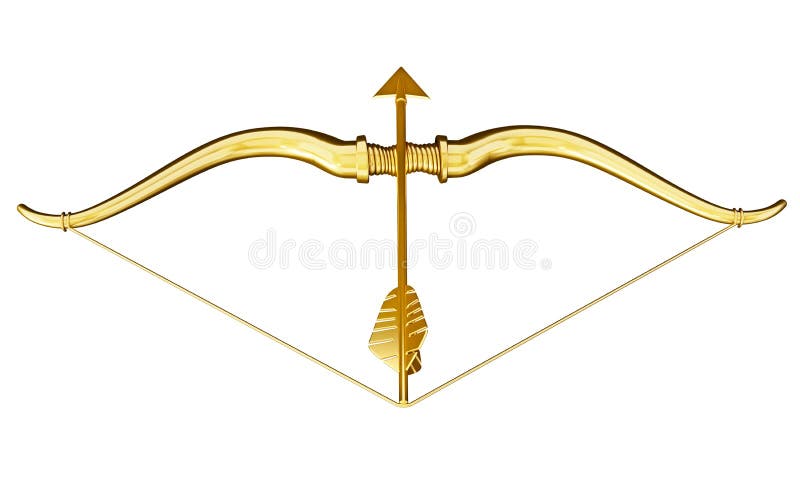 Cupid`s bow and arrow with heart shape. 3D illustration