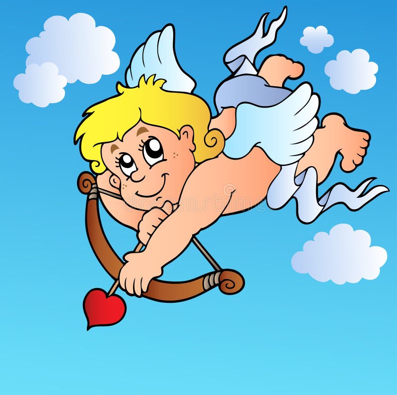 Cupid shooting with bow on blue sky