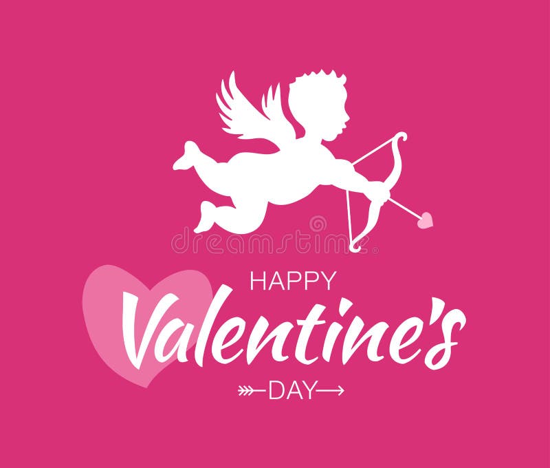 Cupid silhouette with bow and arrow heart on pink background. Valentines Day design. White flying Angel. Amur. Heart