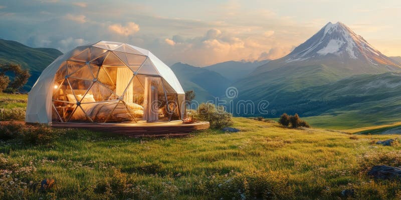 Cupola geodetica con vista di montagna al tramonto illustrazione di stock
