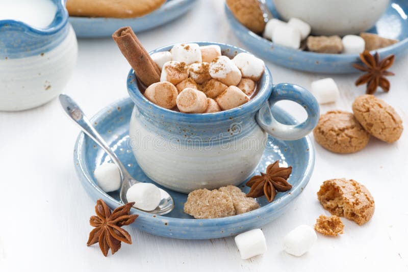 Cups of cocoa with marshmallows and cinnamon