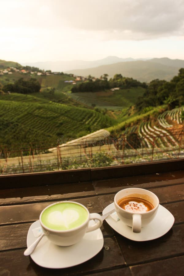 Cups of Coffee and Green Tea with Mountains Background Stock Image Image of natural, drinks