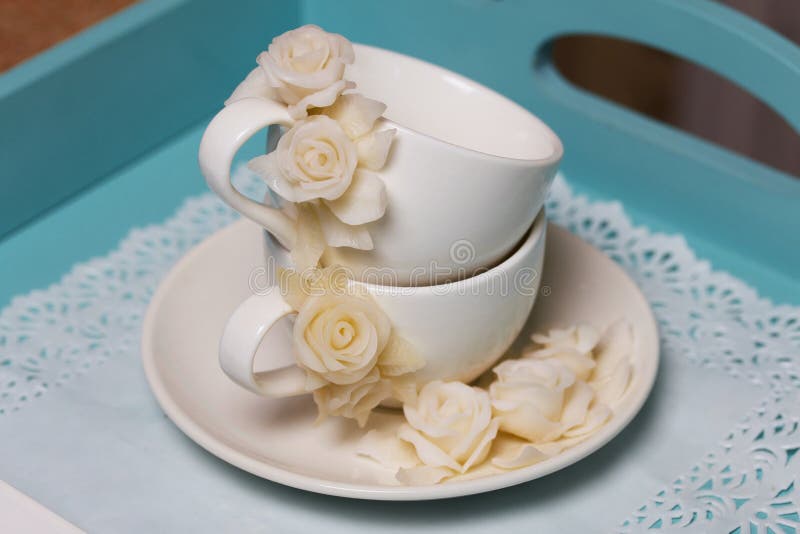 Cups and Saucers Decorated with Polymer Clay Roses. Handmade White Polymer  Clay Jewelry Stock Image - Image of cups, bouquet: 189823343