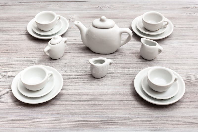 Cups with Saucers and Tea Set on Gray Brown Table Stock Image Image