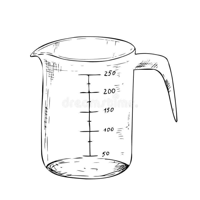 Cupă vectorială de măsurare. Cerneală grafică Ilustrarea instrumentului bucătăriei din plastic izolată pe fond. Schiță linie trasă stock illustration