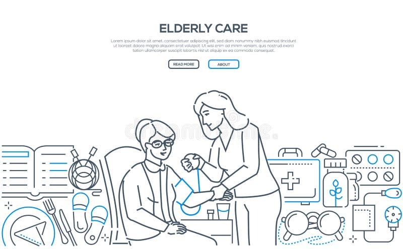 Elderly care - modern line design style banner on white background. Young female medical worker, volunteer helping senior woman, patient to measure blood pressure. Healthcare concept. Elderly care - modern line design style banner on white background. Young female medical worker, volunteer helping senior woman, patient to measure blood pressure. Healthcare concept