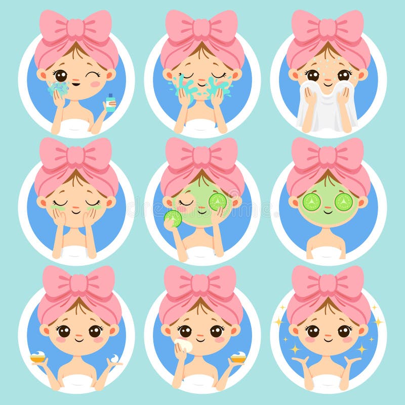 Cura di pelle del fronte della donna Skincare di bellezza e sano, pelle pulita sui fronti freschi della donna Lavaggio e chiaro v illustrazione di stock Cura di pelle del fronte della donna Skincare di bellezza e sano, pelle pulita sui fronti freschi della donna Lavaggio e chiaro v illustrazione di stock