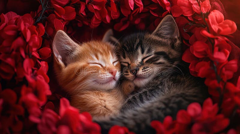 Curbate împreună doi pui adorabili se odihnesc în pace în pat cu flori vibrante care radiază căldură și liniște royalty free stock photos