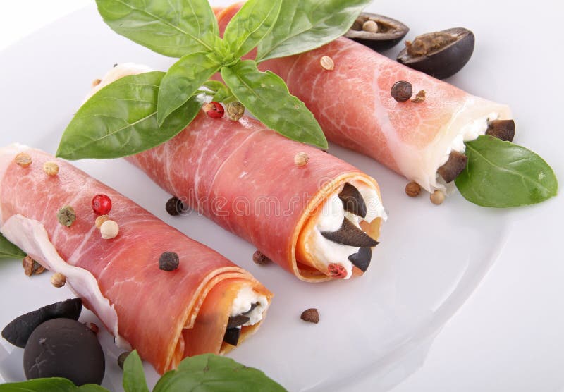 Parma Ham Rolls Filled with Cream Cheese, Galia Melon and Capers Stock