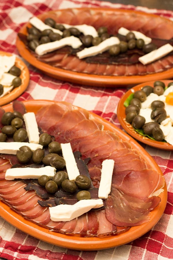 Cured Meat with Cheese and Olives on the Plate Stock Image Image of