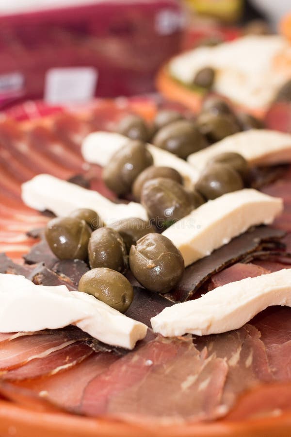 Cured Meat with Cheese and Olives on the Plate Stock Photo Image of