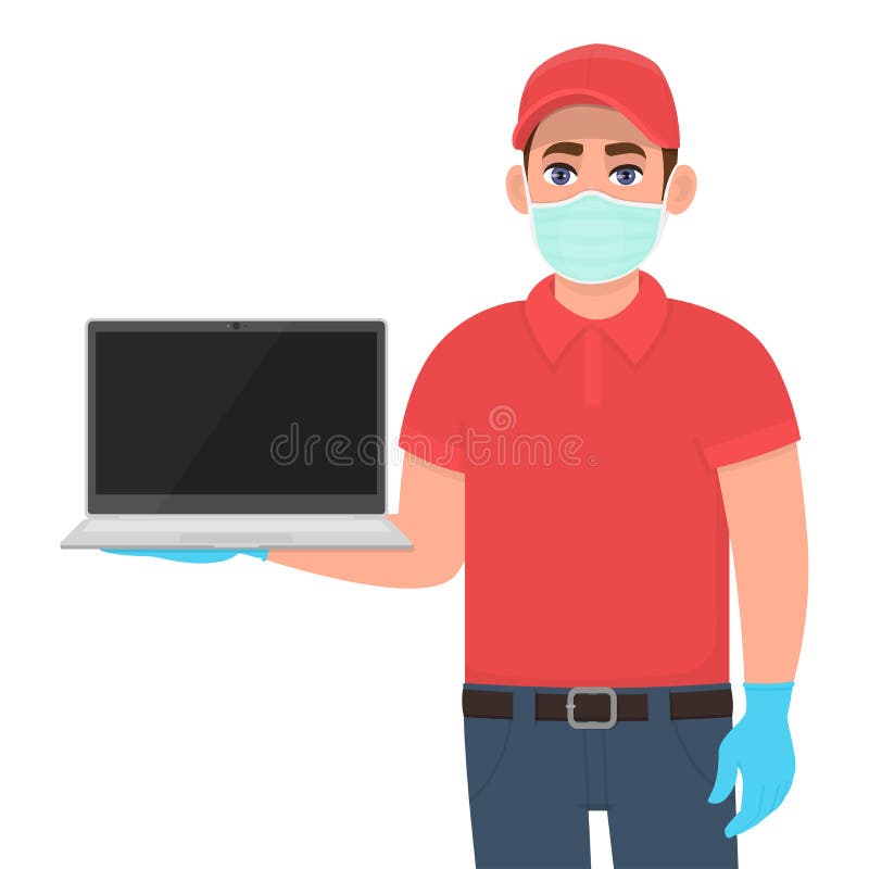 Curier sau curier cu mască și mănuși care arată un laptop gol. persoană care deține ultimul PC. tehnologie modernă. corona stock illustration