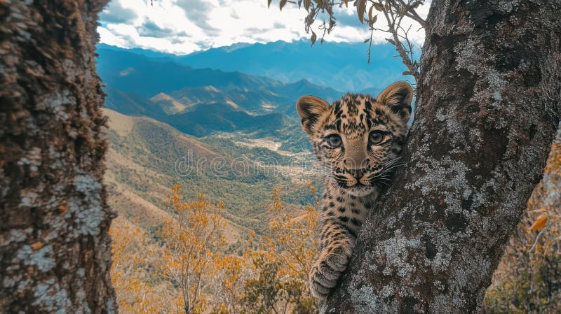 Curieux petit léopard fouillant à travers les branches d'arbres sur fond majestueux paysage de montagne illustration de vecteur