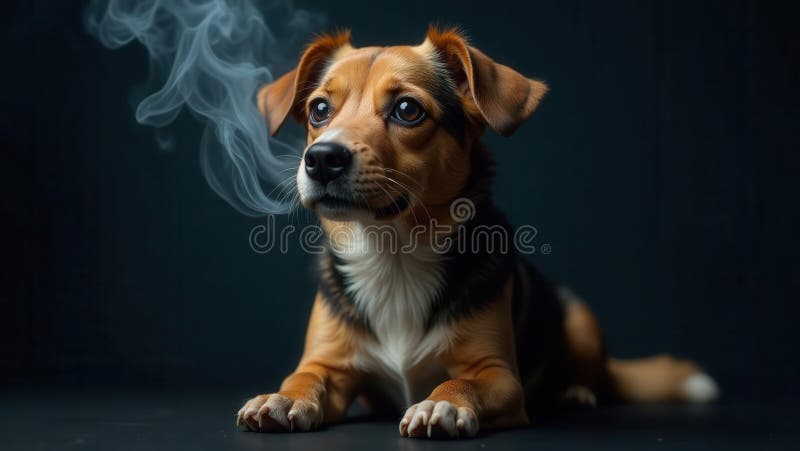 A curious canine and a wisp of smoke a portrait of a small dog. Generative AI royalty free illustration