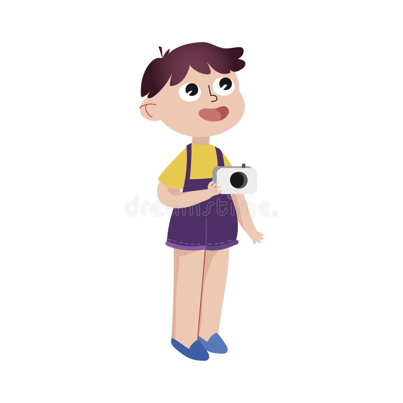 Curious cartoon little boy standing with camera colorful character vector Illustration stock illustration