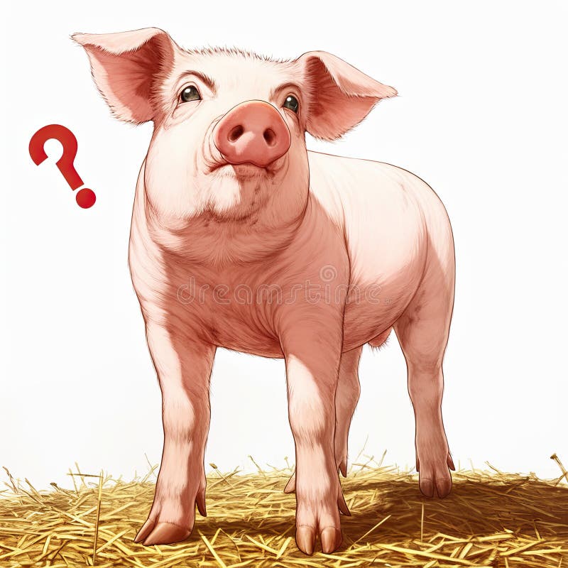 Curious cartoon pig standing on straw with questioning expression royalty free illustration