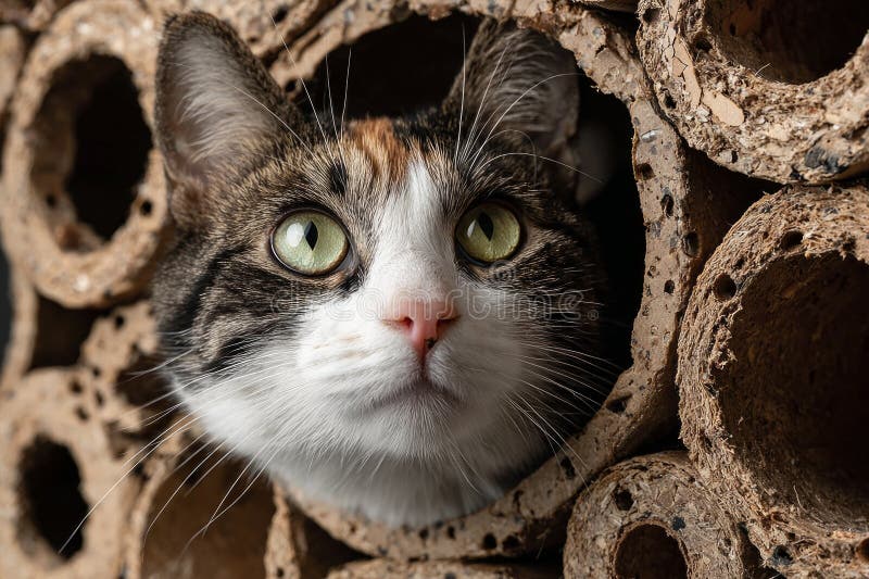 Curious cat looking out from a hideout in a textured structure stock images