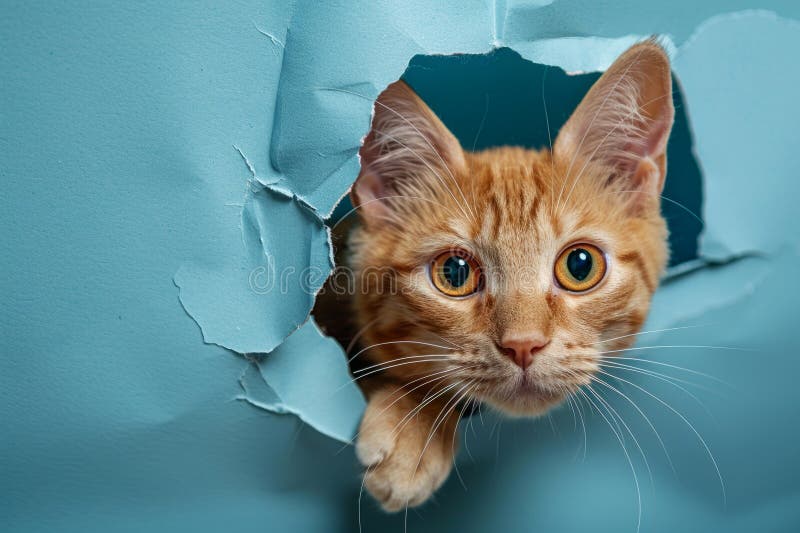 Curious cat peeking through hole in blue paper background stock images