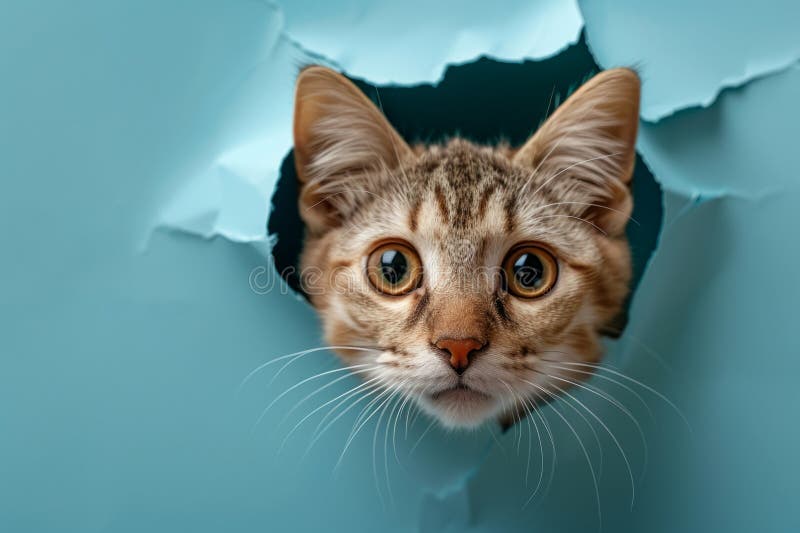 Curious cat peeking through hole in blue paper background stock photos