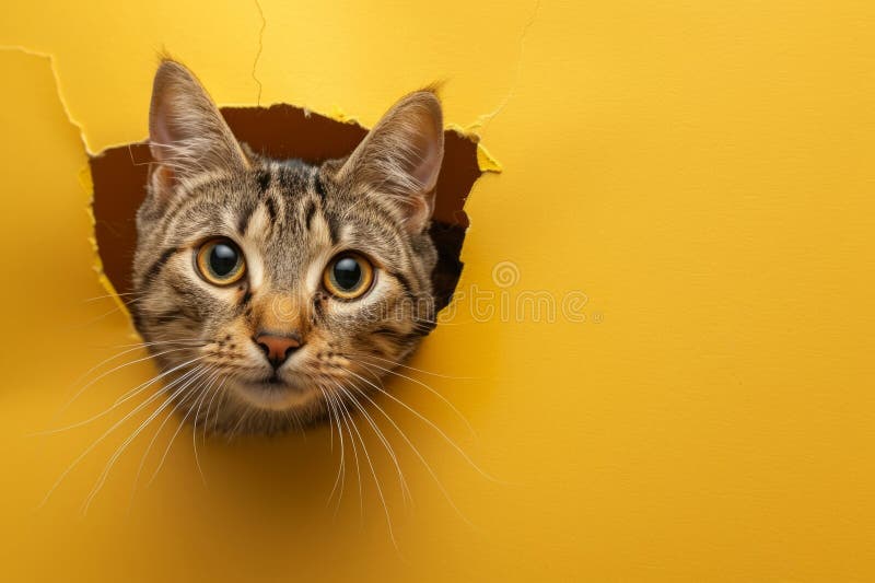 Curious cat peeking through hole in yellow paper background. Copy space for text stock image