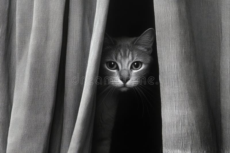 Curious cat peeking out from behind a curtain in a black and white composition stock photography