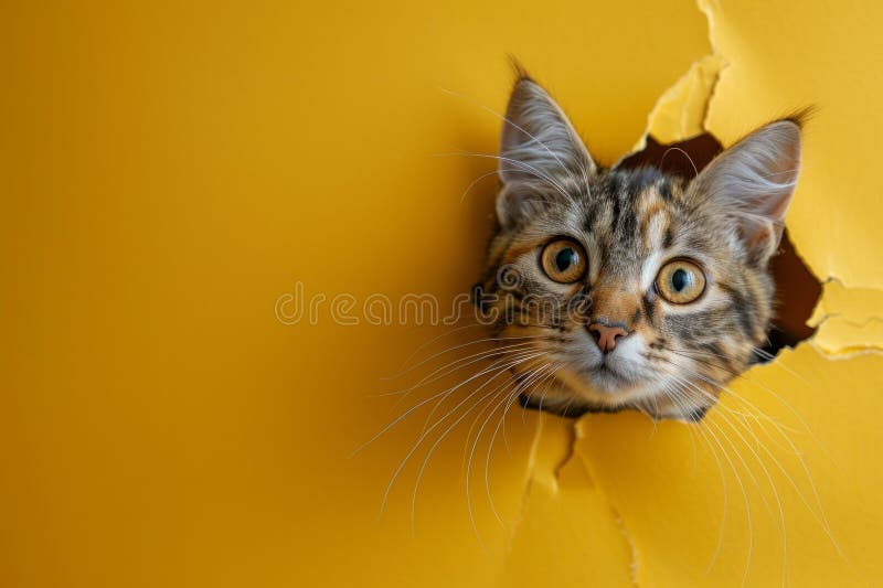 Curious cat peeking out of torn hole in yellow background royalty free stock images
